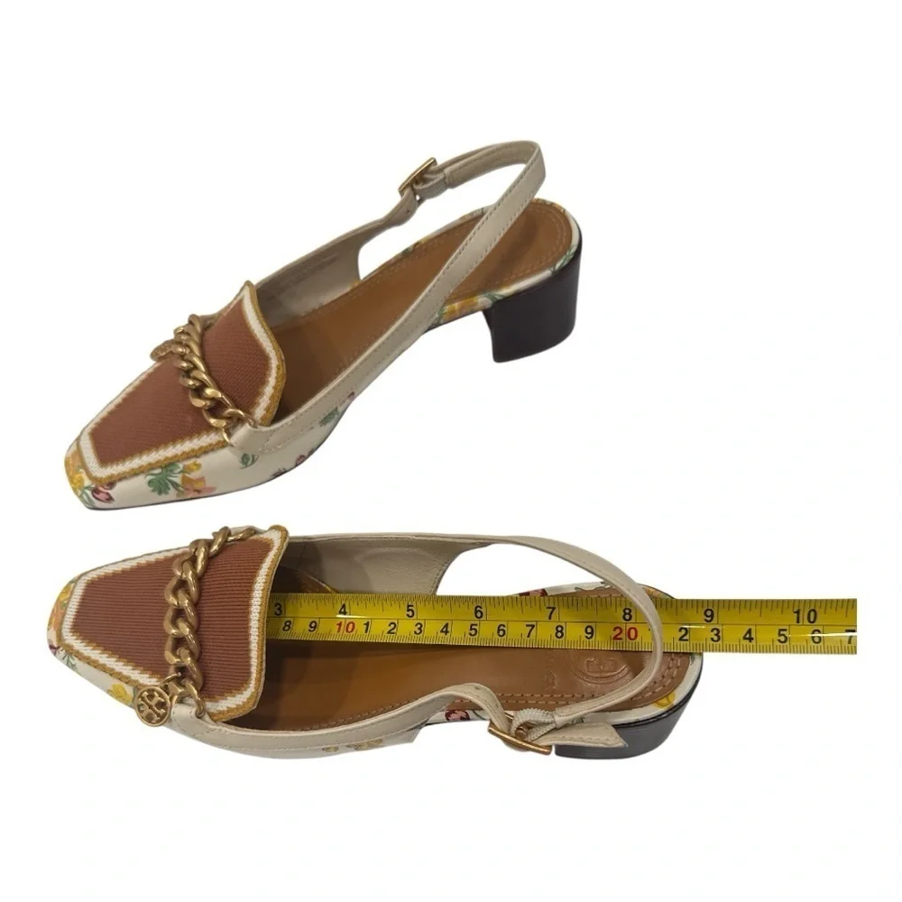Tory Burch Mini Benton Charm Floral Chain-Embellished Slingback Heels size 6 M
